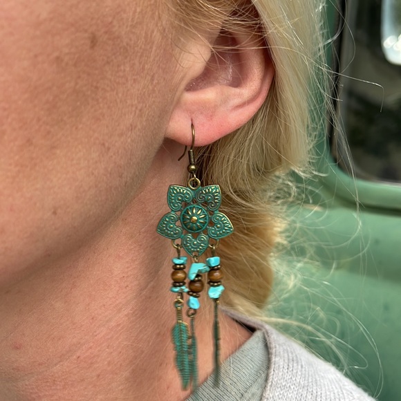 Boho Gypsy Stamped Metal Patina Drop Earrings - Picture 12 of 13